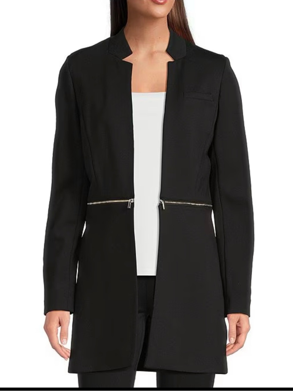 Calvin Klein Black Long Open-Front Blazer with Waist Zippers